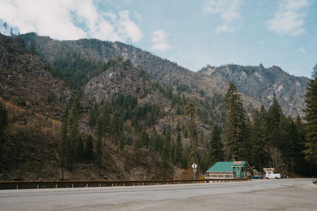 Charming alpine-style village with mountain backdrop