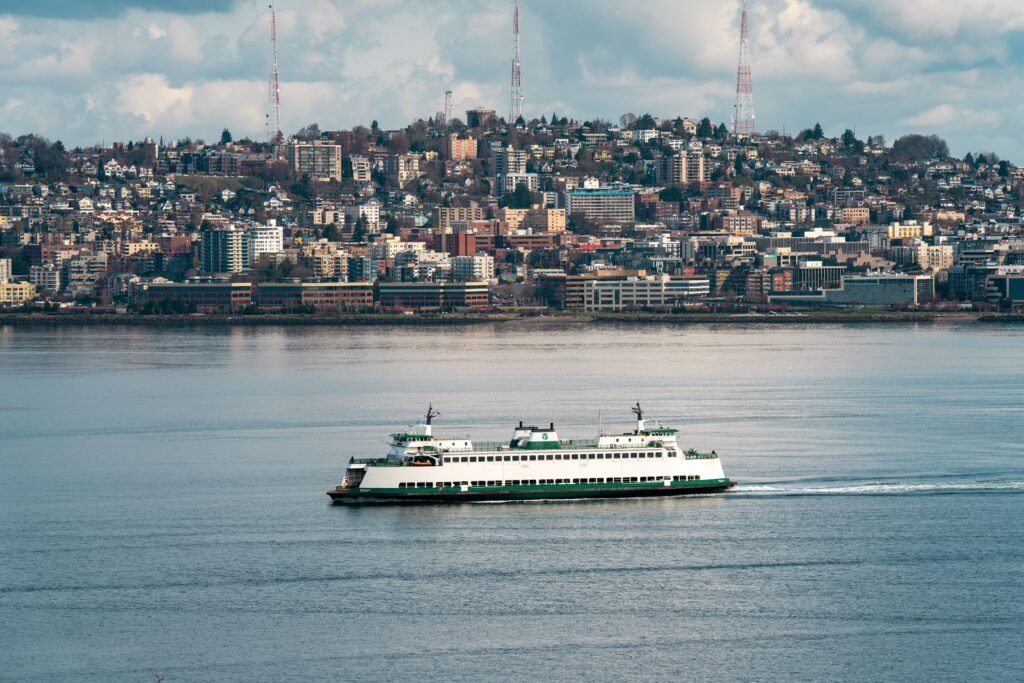 Washington State ferry crossing Puget Sound from downtown Seattle