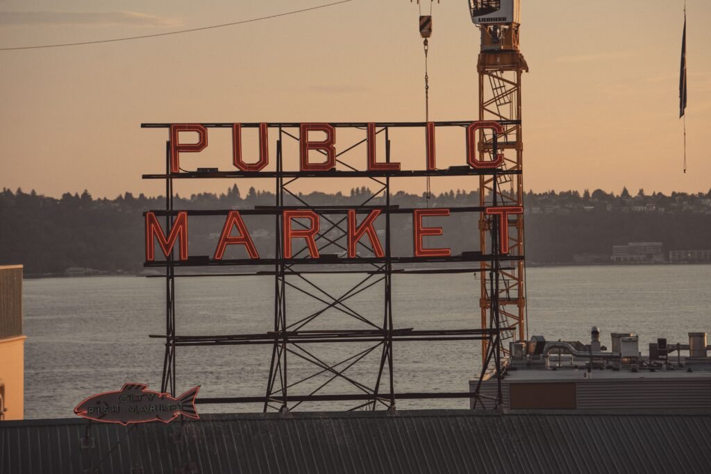 Historic Pike Place Market entrance in downtown Seattle
