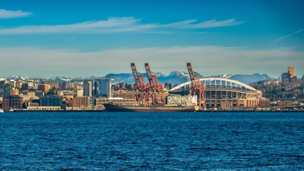 Ferries crossing Elliott Bay near Seattle waterfront