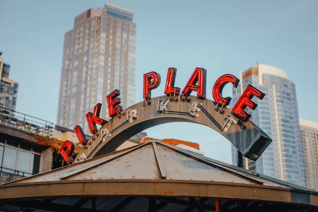 Historic Pike Place Market entrance in downtown Seattle