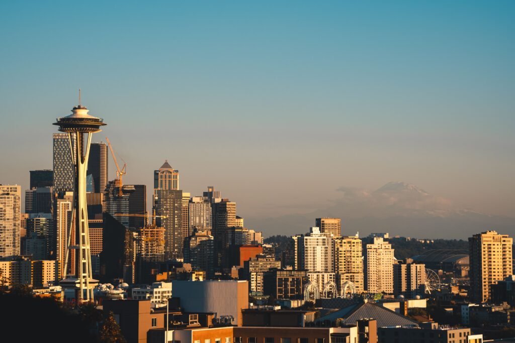 Modern architecture surrounding the Space Needle in Seattle